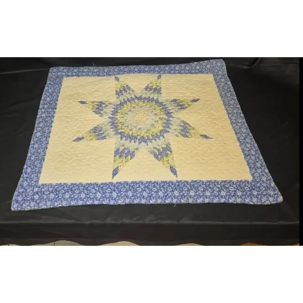 Full Size Quilt and Sham Lonestar Patchwork Quilt Blue Yellow White 84